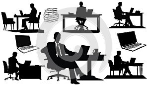 Silhouettes of business people sitting, men sit on armchair, office chair with laptop, tablet, front, side view. Vector