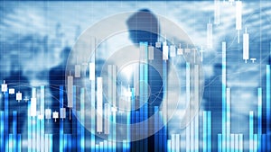 Silhouettes of Business People. Stock Market Graph and Bar Candlestick Chart