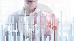 Silhouettes of Business People. Stock Market Graph and Bar Candlestick Chart