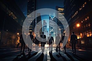 Silhouettes of business people walking in the city at night, A group of businesspeople walking down a city street at night, AI