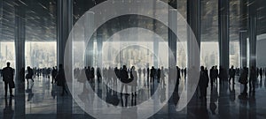 Silhouettes of business people walking in the corridor of a modern office building