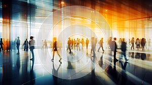 Silhouettes of business people walking in the corridor of a modern office building with motion blur