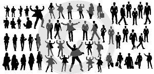 Silhouettes of business people walking, men and women full length front, side, back view. Vector illustration isolated