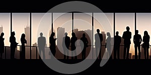 silhouettes of business people at the window of a multistory skyscraper panorama generative ai