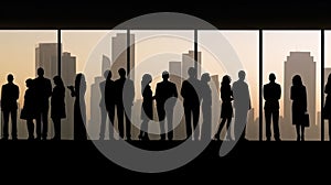 silhouettes of business people at the window of a multistory skyscraper panorama generative ai