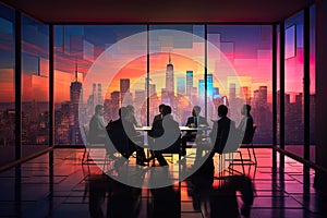 Silhouettes of the business team in the conference room with a beautiful city view outside the panoramic window