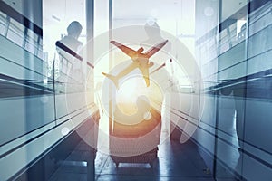 Silhouettes of businessman at the airport who waits for boarding. Double exposure