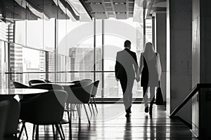 Silhouettes of a businessman and businesswoman walking together in a modern office corridor with panoramic windows