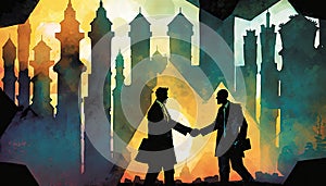 Silhouettes of businessmen shaking hands. Hexagon Landscape filled with geometric city skyline. Business deal in abstract