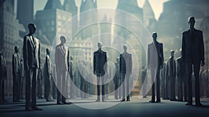 Silhouettes of businessmen in suits against backdrop of metropolis