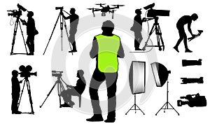 Silhouettes of cameramen with video and photo equipment, quadcopter and etc., set. Vector illustration photo