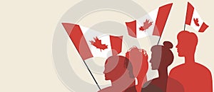 Silhouettes of canadians, copy space template, color vector stock illustration with people with flag of Canada as country patriots