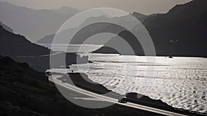 Silhouettes of cars zooming along a winding stretch of road the gleaming sea and shadowy mountains in the backdrop
