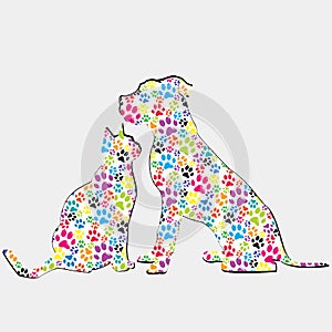 Silhouettes of cat and dog patterned in colored paws