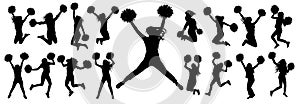 Silhouettes of cheerleading dancers jumping and standing with pompoms, isolated set of icons.Vector illustration photo