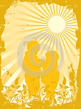 Silhouettes of children in beams of the sun, vector