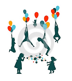 Silhouettes of children flying in balloons. hand drawing. Not AI, vector illustration