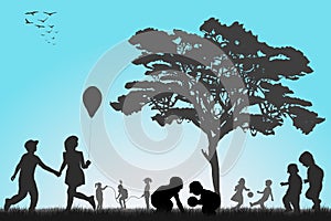 Silhouettes of children playing outside