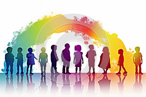 Silhouettes of children standing under the rainbow isolated on white background