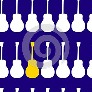 Silhouettes of classical guitars on a blue background. Seamless pattern