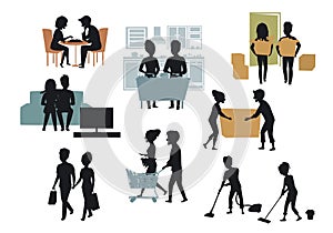 Silhouettes collection of man and woman , couples moving in together, carry boxes in new home, shopping, watching tv, cleaning hou