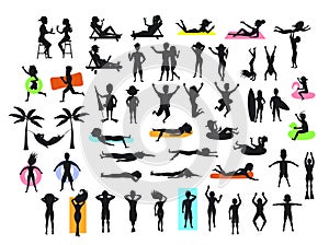 Silhouettes collection of people enjoying summertime beach holidays vacations