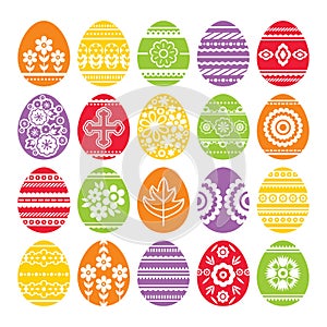 Silhouettes of color Easter eggs isolated on white background. Holiday Easter Eggs decorated with flowers and leafs. Print design,