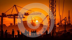 Silhouettes of construction cranes and worker against the sunset, Generative AI