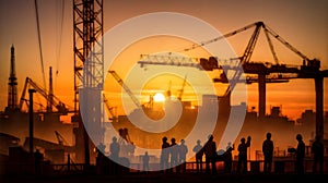 Silhouettes of construction cranes and worker against the sunset, Generative AI