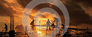 The silhouettes of construction workers collaborating at sunset on a building site. AI generated image