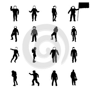 Silhouettes of Cosmonauts set, vector collection of sillhouettes spaceman in various poses