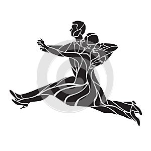 Silhouettes of couple dancing ballroom dance. Quickstep. Abstract detailed ballroom dancers.