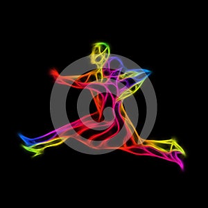 Silhouettes of couple dancing ballroom dance. Quickstep. Multicolored detailed  silhouette of ballroom dancers.