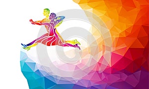 Silhouettes of couple dancing ballroom dance. Quickstep. Multicolored detailed vector silhouette of ballroom dancers.