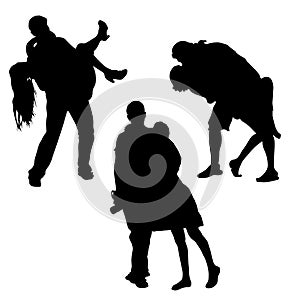 Silhouettes of a couple in love. Man and woman different poses isolated on a white background. The guy carries the girl in his