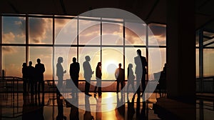 Silhouettes of coworkers exult at close of a successful day, framed by a radiant sunset photo