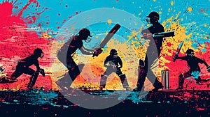 Silhouettes of cricket players pop art illustration