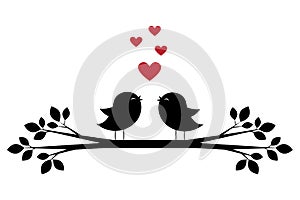Silhouettes of cute birds sing and red hearts