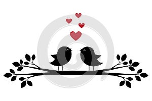 Silhouettes of cute birds sing and red hearts photo