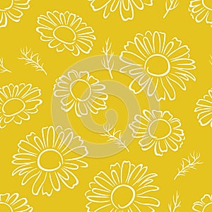 Silhouettes of daisies on yellow. Daisy seamless pattern. Floral background. Vector illustration of beautiful flowers