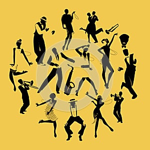 Silhouettes of dancers dancing Charleston and jazz musicians photo