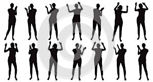 Silhouettes of dancing and applauding woman in full growth, set. Vector illustration