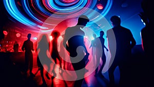 silhouettes of dancing people in a nightclub under bright blue and red abstract club lights