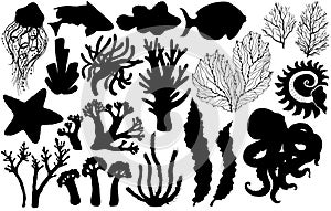 Silhouettes of deepwater living organisms, fish and algae.
