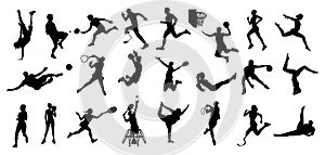 Silhouettes of different men, women doing sport.