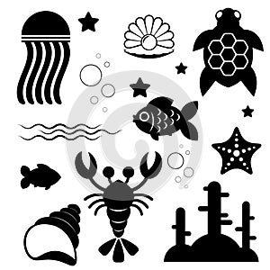 Silhouettes of different sea animals, fish and marine objects on a white background.