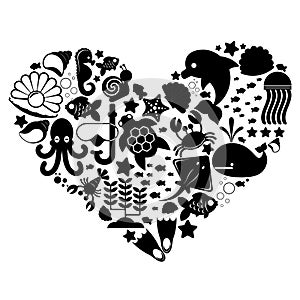 Silhouettes of different sea animals and marine objects on a white background united in a shape of a heart.