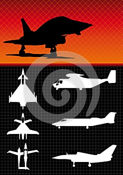 Silhouettes of different types of military aircraft on black background