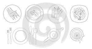 Silhouettes of dishes, cutlery and crockery.Top view. Contour drawing. Vector illustration.