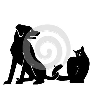 Silhouettes of dog and cat. Friendship between pets, love for pets and caring for them. Vector illustration